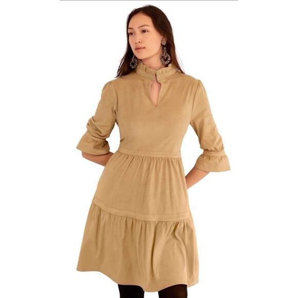 Gretchen Scott Womens Ultra Suede Teardrop Tiered Ruffle Dress Tan Beige Small - Picture 1 of 5